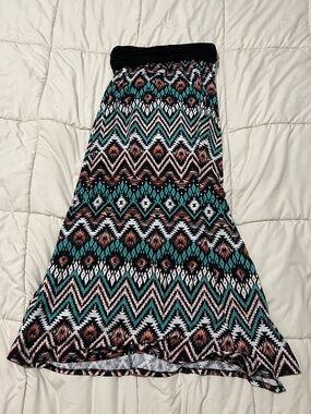 Vanity Teal, Rust & White Aztec Maxi Skirt with Black Waistband